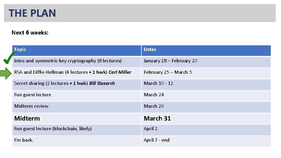 THE PLAN Next 6 weeks: Topic Dates Intro and symmetric-key cryptography (8 lectures) January