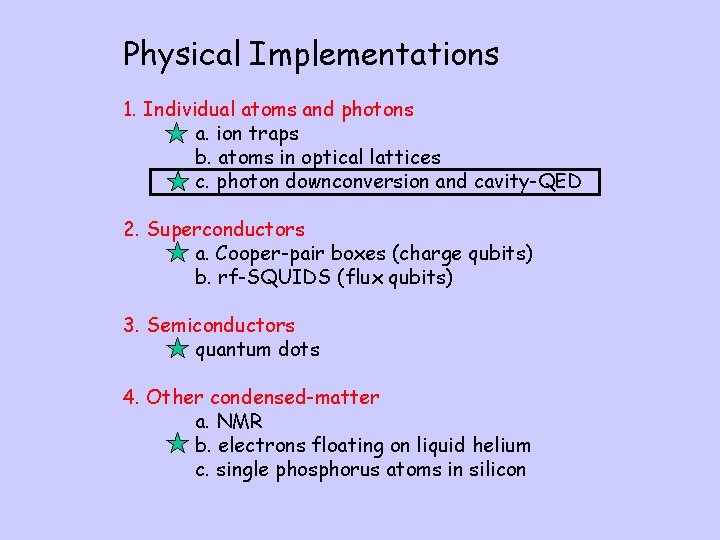 Physical Implementations 1. Individual atoms and photons a. ion traps b. atoms in optical