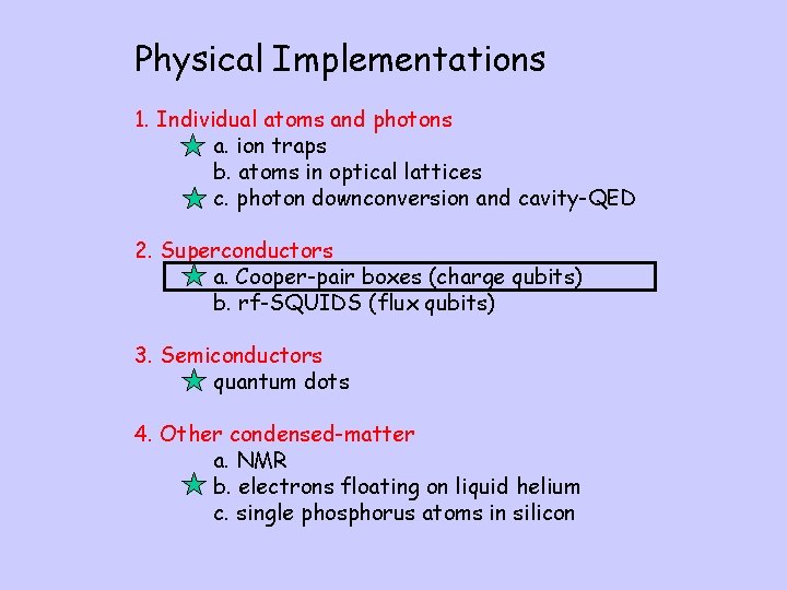 Physical Implementations 1. Individual atoms and photons a. ion traps b. atoms in optical