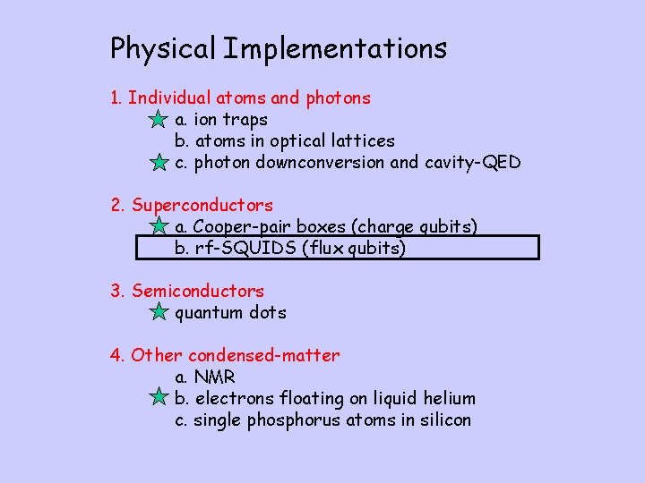 Physical Implementations 1. Individual atoms and photons a. ion traps b. atoms in optical