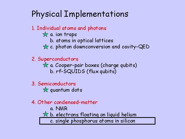 Physical Implementations 1. Individual atoms and photons a. ion traps b. atoms in optical