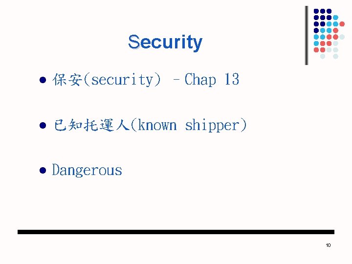 Security S l 保安(security) –Chap 13 l 已知托運人(known shipper) l Dangerous 10 