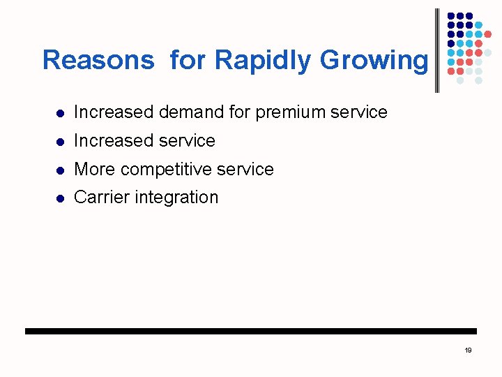 Reasons for Rapidly Growing l Increased demand for premium service l Increased service l