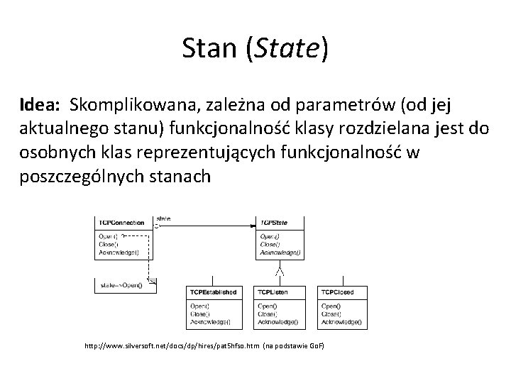 Stan (State) Idea: Skomplikowana, zależna od parametrów (od jej aktualnego stanu) funkcjonalność klasy rozdzielana
