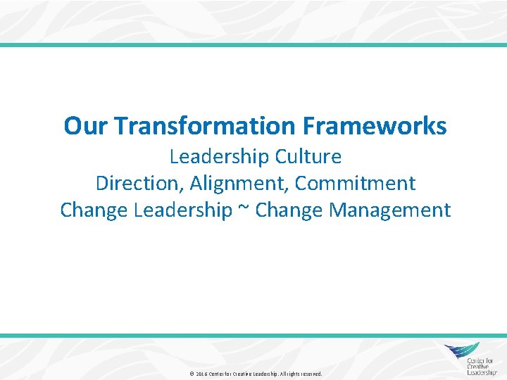 Our Transformation Frameworks Leadership Culture Direction, Alignment, Commitment Change Leadership ~ Change Management ©