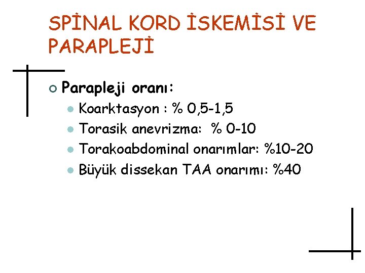 SPİNAL KORD İSKEMİSİ VE PARAPLEJİ ¢ Parapleji oranı: Koarktasyon : % 0, 5 -1,