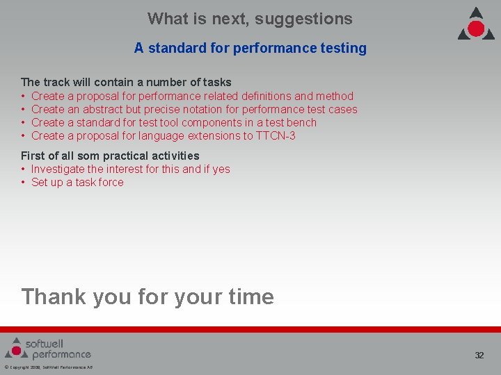 What is next, suggestions A standard for performance testing The track will contain a What is next, suggestions A standard for performance testing The track will contain a