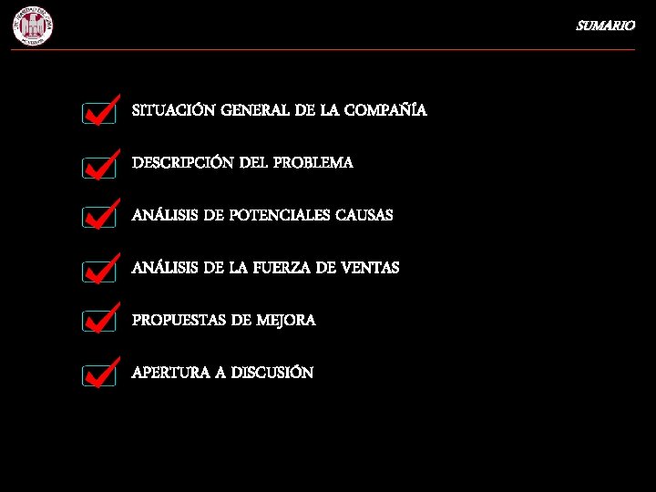 SUMARIO SITUACIÓN GENERAL DE LA COMPAÑÍA DESCRIPCIÓN DEL PROBLEMA ANÁLISIS DE POTENCIALES CAUSAS ANÁLISIS