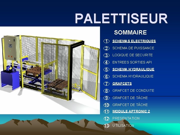 PALETTISEUR SOMMAIRE 1 SCHEMAS ELECTRIQUES 2 SCHEMA DE PUISSANCE 3 LOGIQUE DE SECURITE 4