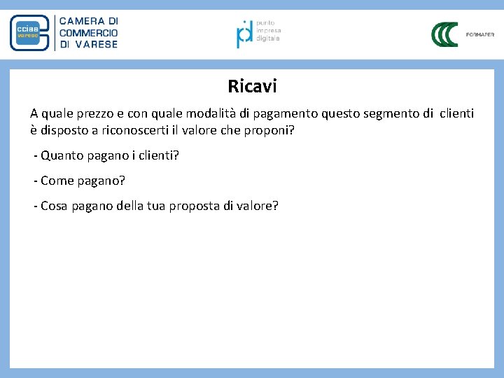 Ricavi A quale prezzo e con quale modalità di pagamento questo segmento di clienti