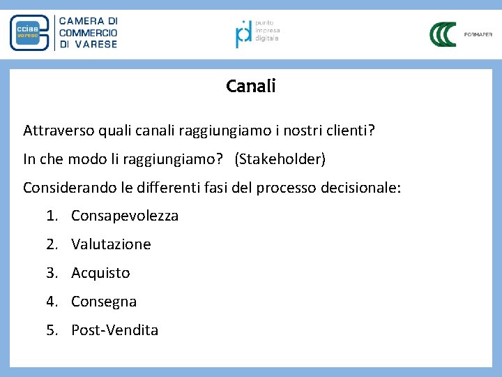 Canali Attraverso quali canali raggiungiamo i nostri clienti? In che modo li raggiungiamo? (Stakeholder)