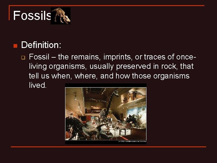 Fossils n Definition: q Fossil – the remains, imprints, or traces of onceliving organisms,