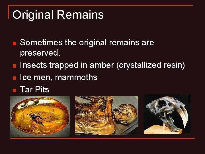 Original Remains n n Sometimes the original remains are preserved. Insects trapped in amber Original Remains n n Sometimes the original remains are preserved. Insects trapped in amber