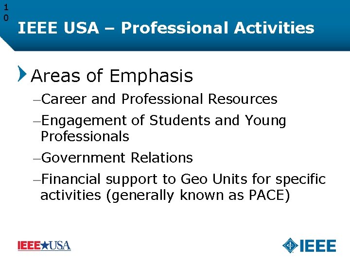 1 0 IEEE USA – Professional Activities Areas of Emphasis –Career and Professional Resources