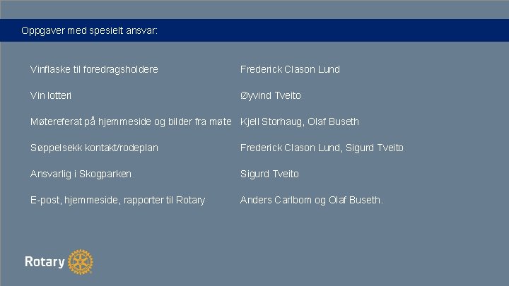 Oppgaver med spesielt ansvar: Vinflaske til foredragsholdere Frederick Clason Lund Vin lotteri Øyvind Tveito