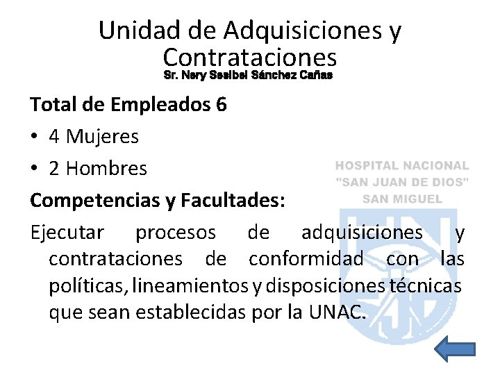 Unidad de Adquisiciones y Contrataciones Sr. Nery Sesibel Sánchez Cañas Total de Empleados 6