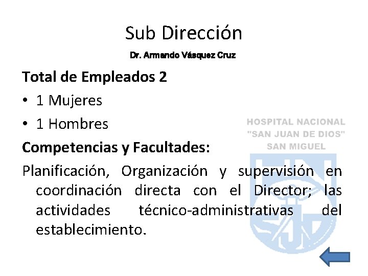 Sub Dirección Dr. Armando Vásquez Cruz Total de Empleados 2 • 1 Mujeres •