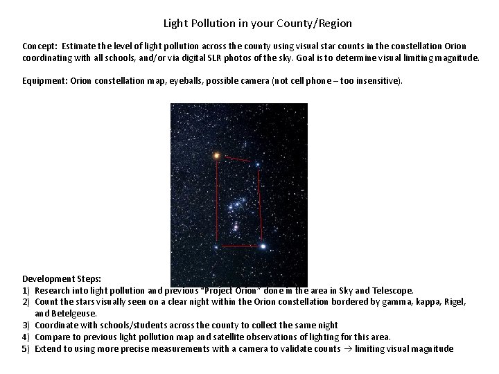 Light Pollution in your County/Region Concept: Estimate the level of light pollution across the
