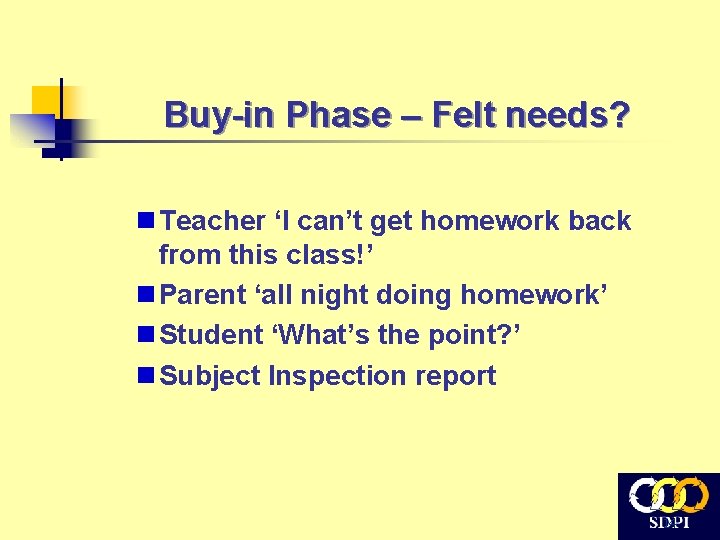 Buy-in Phase – Felt needs? n Teacher ‘I can’t get homework back from this Buy-in Phase – Felt needs? n Teacher ‘I can’t get homework back from this