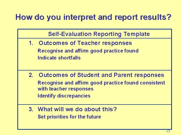 How do you interpret and report results? Self-Evaluation Reporting Template 1. Outcomes of Teacher