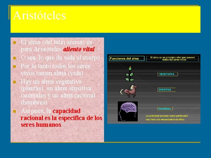 Aristóteles n n n El alma (del latín anima) es para Aristóteles aliento vital Aristóteles n n n El alma (del latín anima) es para Aristóteles aliento vital