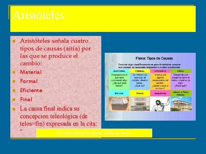 Aristóteles n n n Aristóteles señala cuatro tipos de causas (aitía) por las que Aristóteles n n n Aristóteles señala cuatro tipos de causas (aitía) por las que