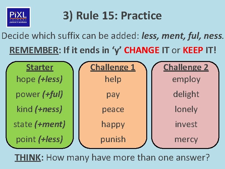 3) Rule 15: Practice Decide which suffix can be added: less, ment, ful, ness.