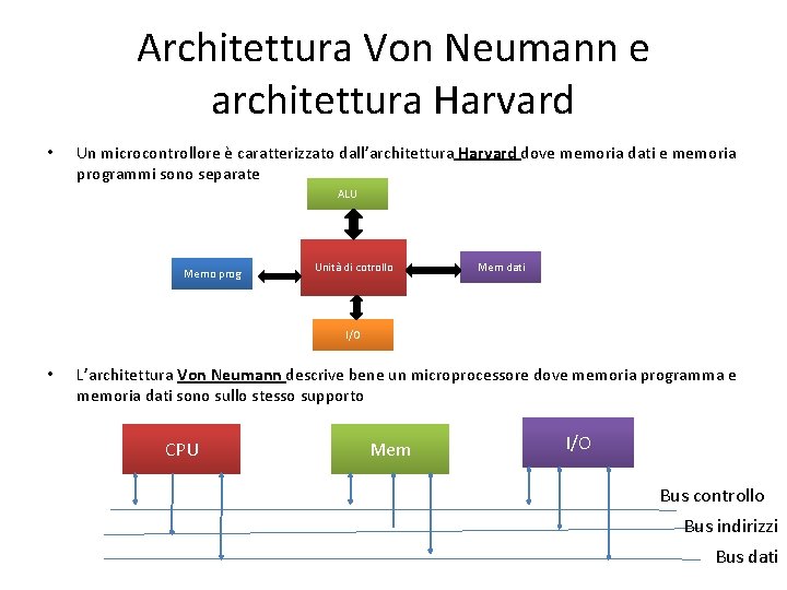 Architettura Von Neumann e architettura Harvard • Un microcontrollore è caratterizzato dall’architettura Harvard dove