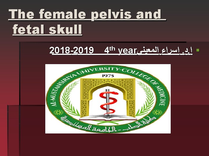 The female pelvis and fetal skull 2018 -2019 4 th year ﺍﻟﻤﻌﻴﻨﻲ ﺍﺳﺮﺍﺀ .