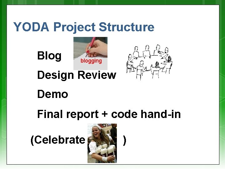 YODA Project Structure Blog blogging Design Review Demo Final report + code hand-in (Celebrate