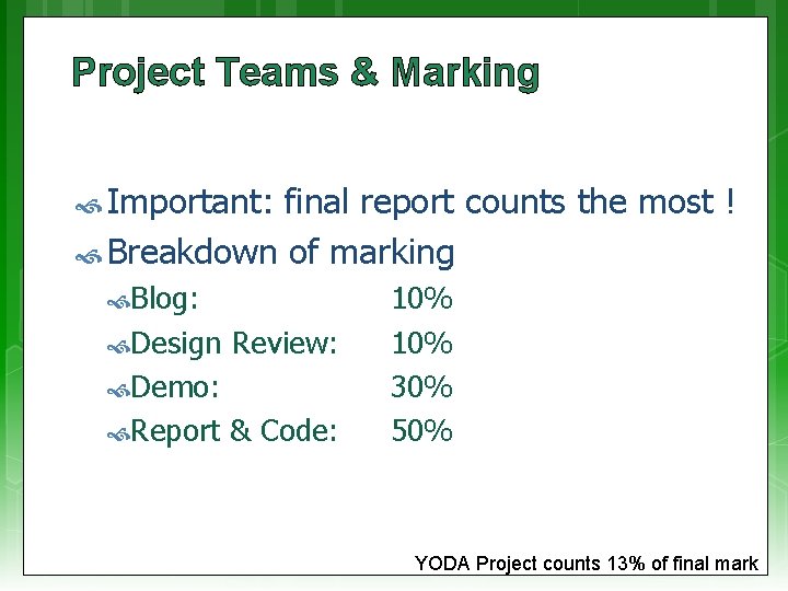 Project Teams & Marking Important: final report counts the most ! Breakdown of marking