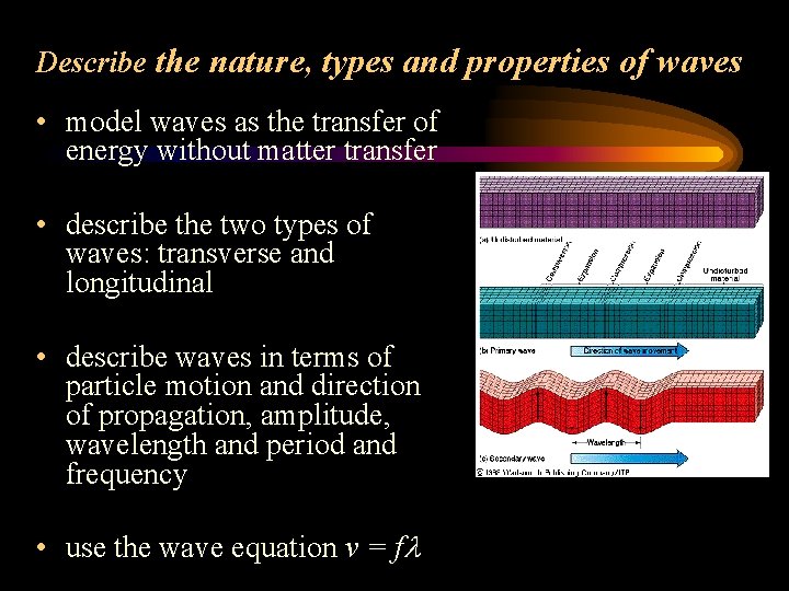 Describe the nature, types and properties of waves • model waves as the transfer