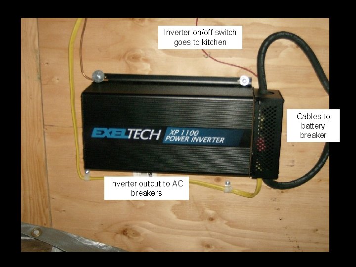 Inverter on/off switch goes to kitchen Cables to battery breaker Inverter output to AC