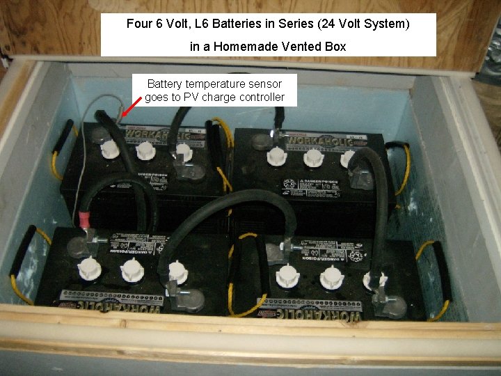 Four 6 Volt, L 6 Batteries in Series (24 Volt System) in a Homemade