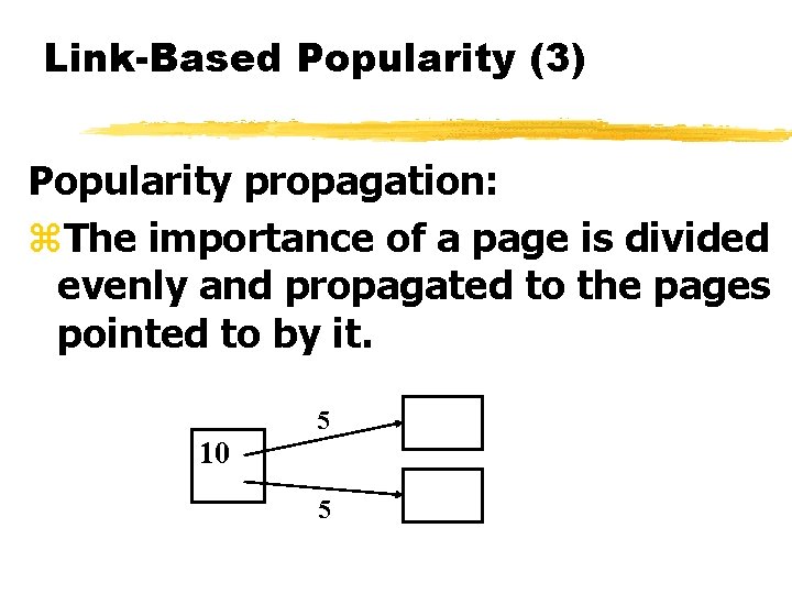 Link-Based Popularity (3) Popularity propagation: z. The importance of a page is divided evenly