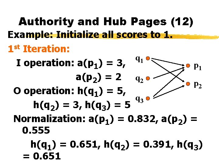 Authority and Hub Pages (12) Example: Initialize all scores to 1. 1 st Iteration:
