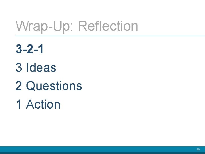 Wrap-Up: Reflection 3 -2 -1 3 Ideas 2 Questions 1 Action 29 