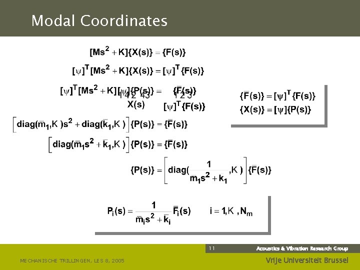 Modal Coordinates 11 MECHANISCHE TRILLINGEN, LES 8, 2005 Acoustics & Vibration Research Group Vrije