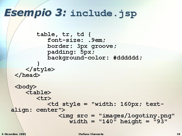 Esempio 3: include. jsp table, tr, td { font-size: . 9 em; border: 3