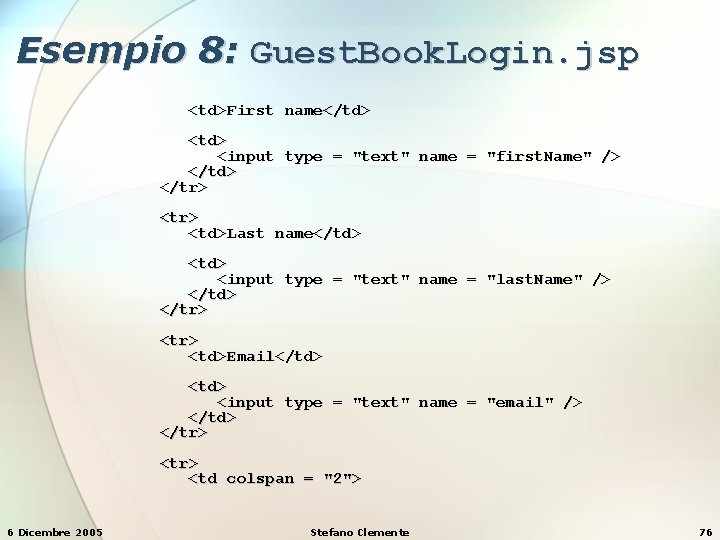 Esempio 8: Guest. Book. Login. jsp <td>First name</td> <input type = "text" name =