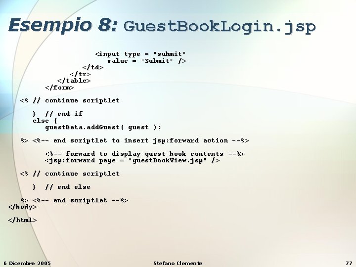 Esempio 8: Guest. Book. Login. jsp <input type = "submit" value = "Submit" />