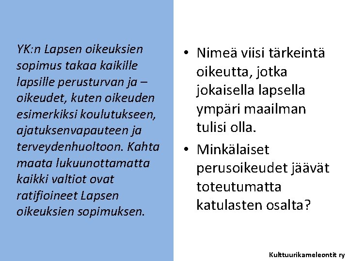  YK: n Lapsen oikeuksien sopimus takaa kaikille lapsille perusturvan ja – oikeudet, kuten