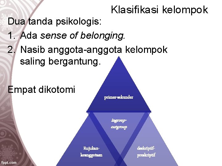 Klasifikasi kelompok Dua tanda psikologis: 1. Ada sense of belonging. 2. Nasib anggota-anggota kelompok