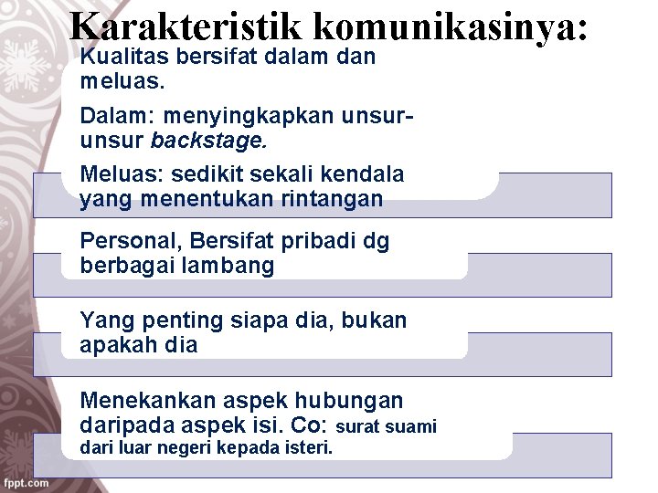 Karakteristik komunikasinya: Kualitas bersifat dalam dan meluas. Dalam: menyingkapkan unsur backstage. Meluas: sedikit sekali