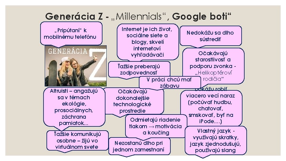 Generácia Z - „Millennials“, Google boti“ „Pripútaní“ k mobilnému telefónu Altruisti – angažujú sa