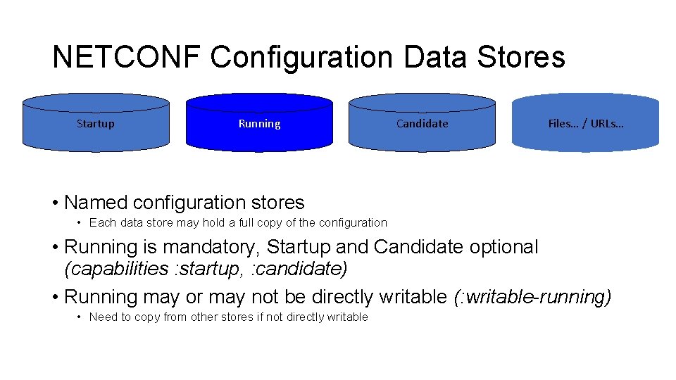 NETCONF Configuration Data Stores Startup Running Candidate Files… / URLs… • Named configuration stores