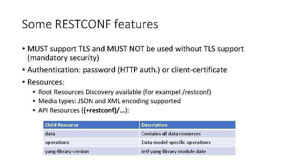 Some RESTCONF features • MUST support TLS and MUST NOT be used without TLS