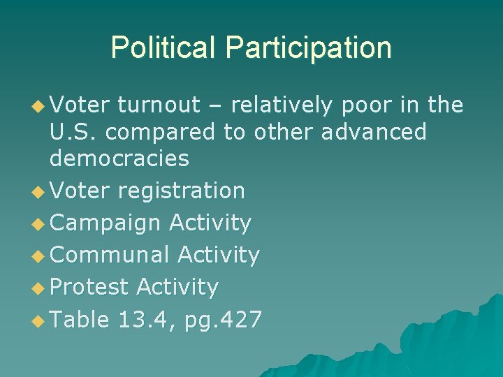 Political Participation u Voter turnout – relatively poor in the U. S. compared to