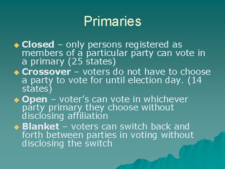 Primaries Closed – only persons registered as members of a particular party can vote