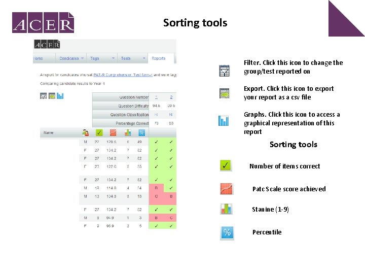 Sorting tools Filter. Click this icon to change the group/test reported on Export. Click